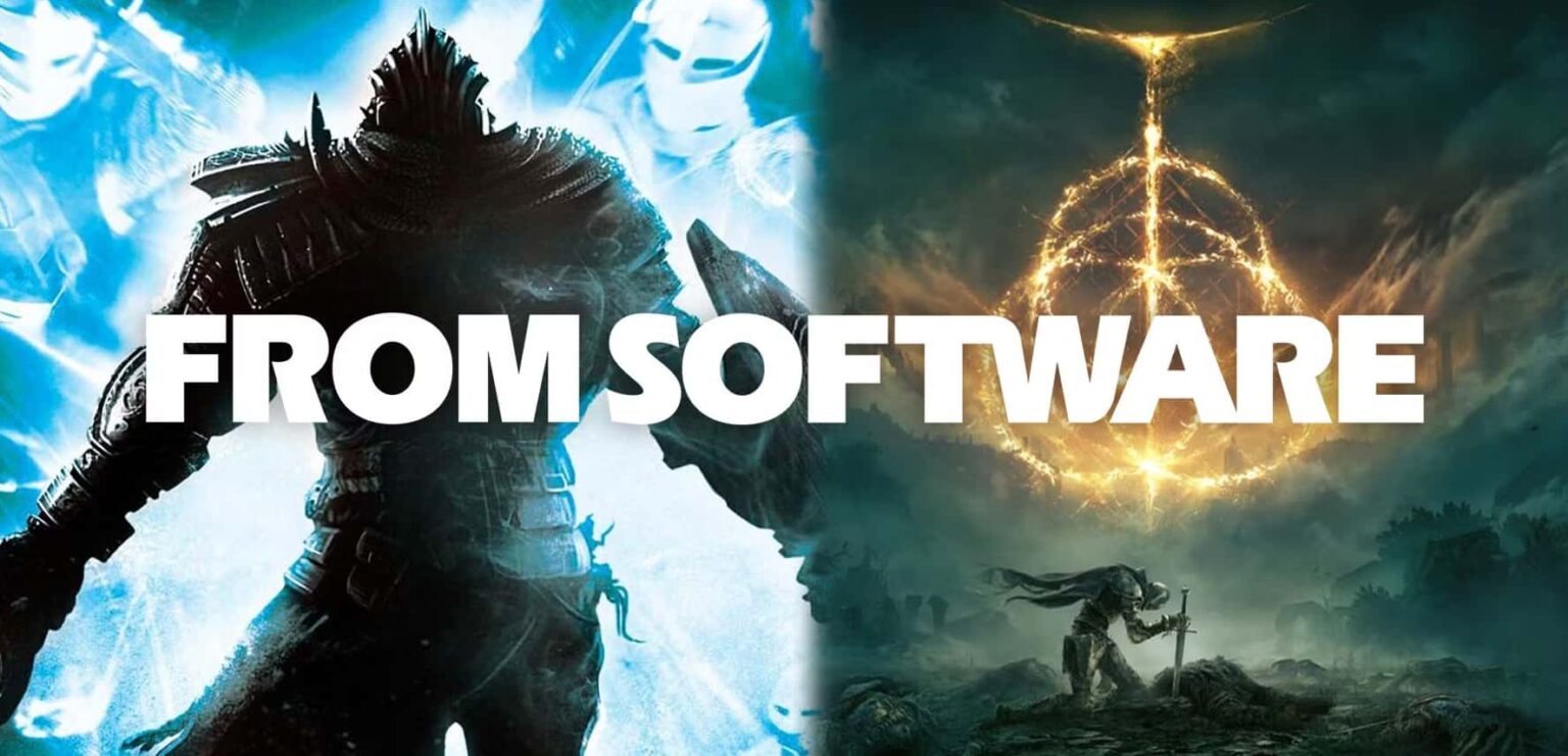Arte dividida ao meio com a logo FROM SOFTWARE ao centro: à esquerda um guerreiro sombrio de armadura diante de luz azul, à direita o símbolo dourado de Elden…