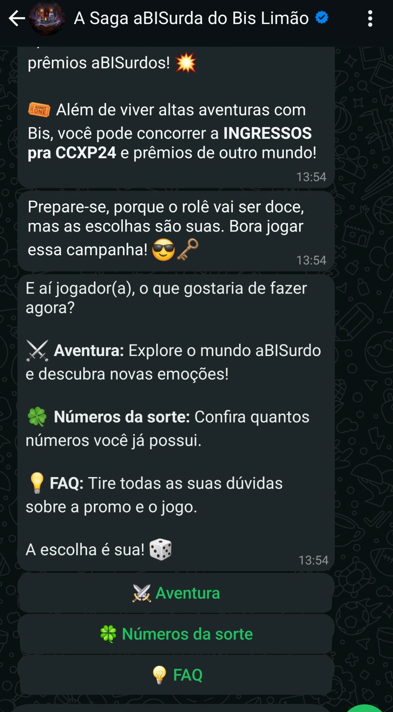 RPG do Bis que pode ser jogado pelo WhatsApp sorteará ingressos para a CCXP e outros brindes; confira 2 Screenshot 20241119 135523 WhatsApp