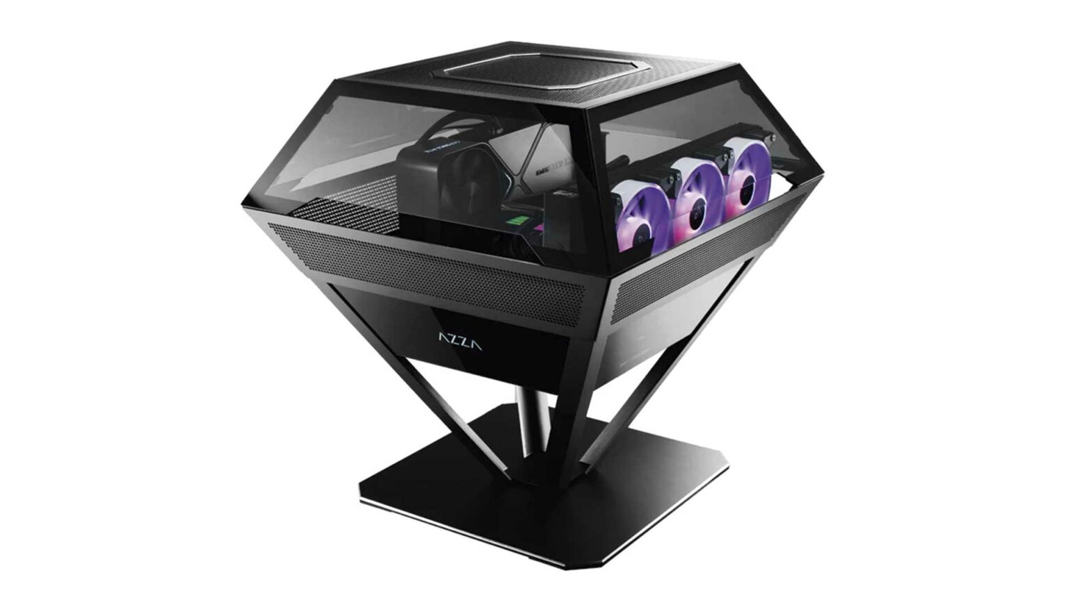 Gabinete de PC preto em formato de diamante, com painel de vidro, três coolers com iluminação roxa e base em pedestal, marca NZXT visível