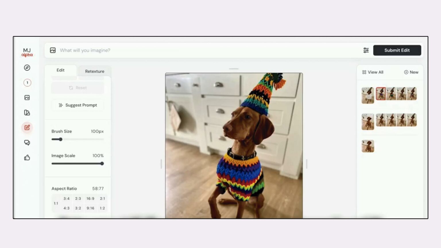 Interface do Midjourney mostrando a edição de uma foto de cachorro com chapéu e suéter de crochê coloridos, com painel de ferramentas de edição à esquerda