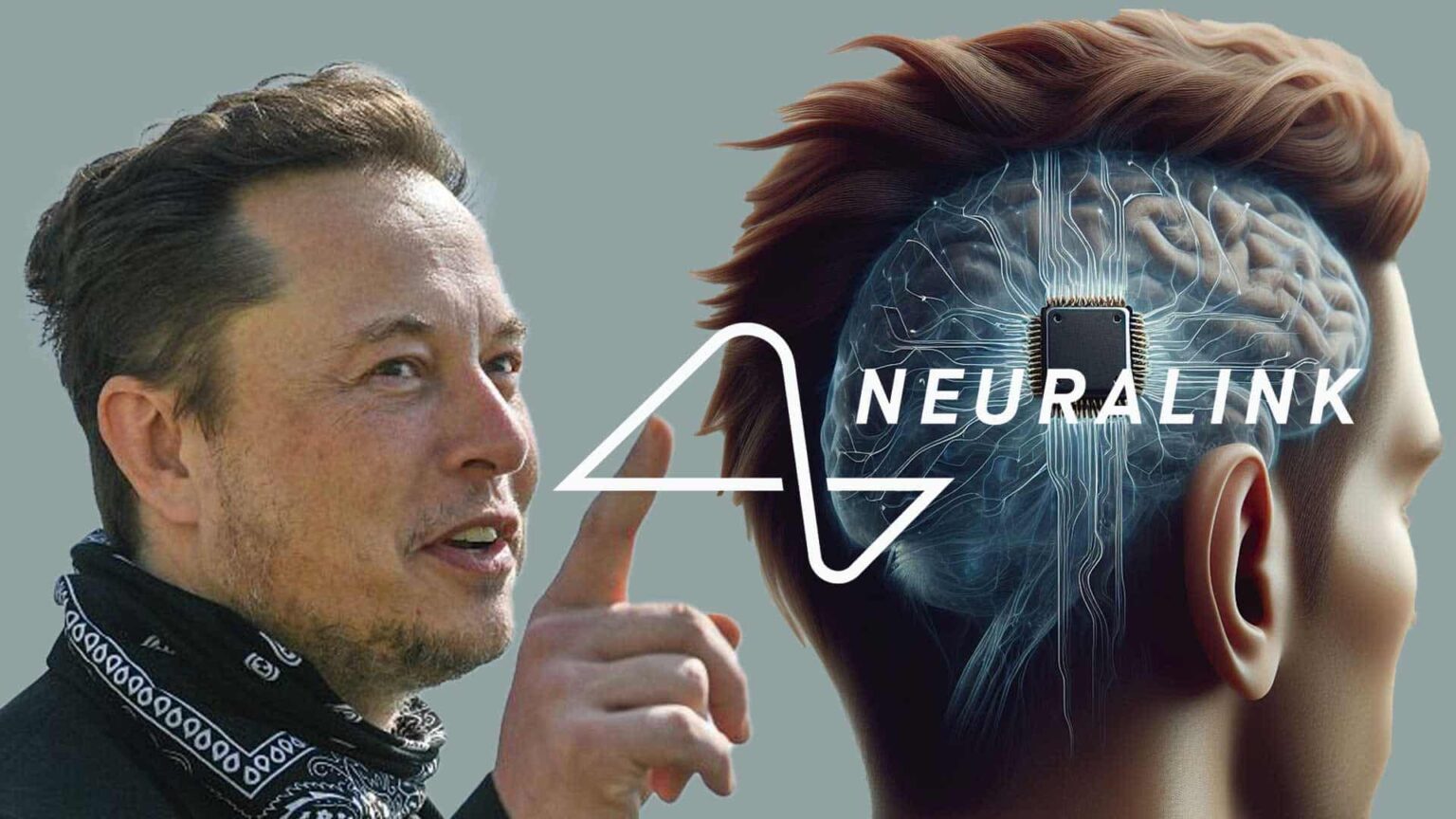 Homem de bandana apontando o dedo ao lado de ilustração de cérebro com chip implantado e o logotipo Neuralink