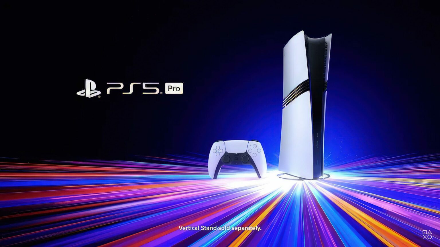 Console PS5 Pro na vertical ao lado de um controle DualSense branco, com o logotipo PS5 Pro e raios de luz coloridos ao fundo