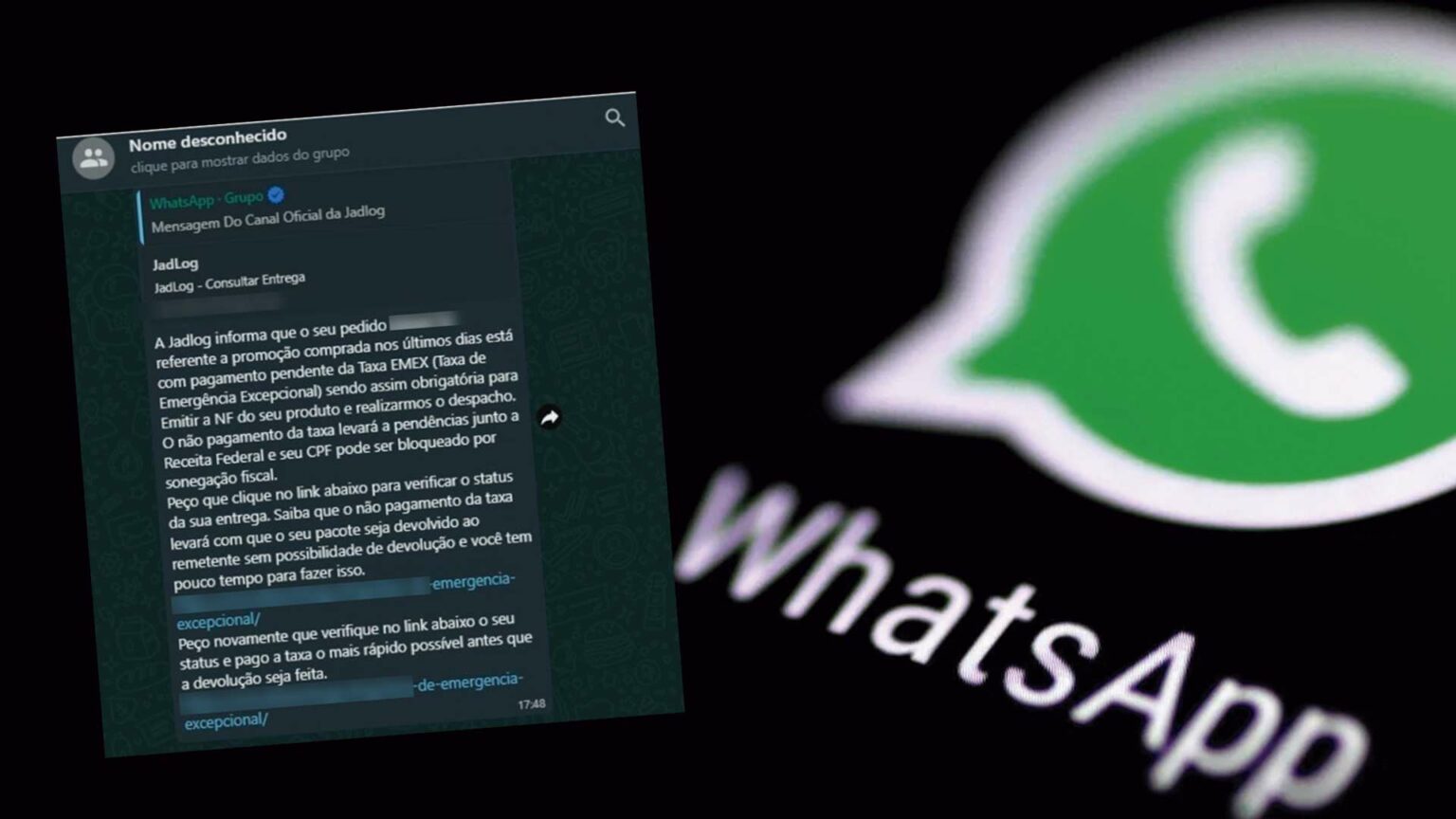 Captura de mensagem falsa no WhatsApp, em nome da Jadlog, cobrando taxa de emergência para liberar entrega, sobre logo do WhatsApp ao fundo