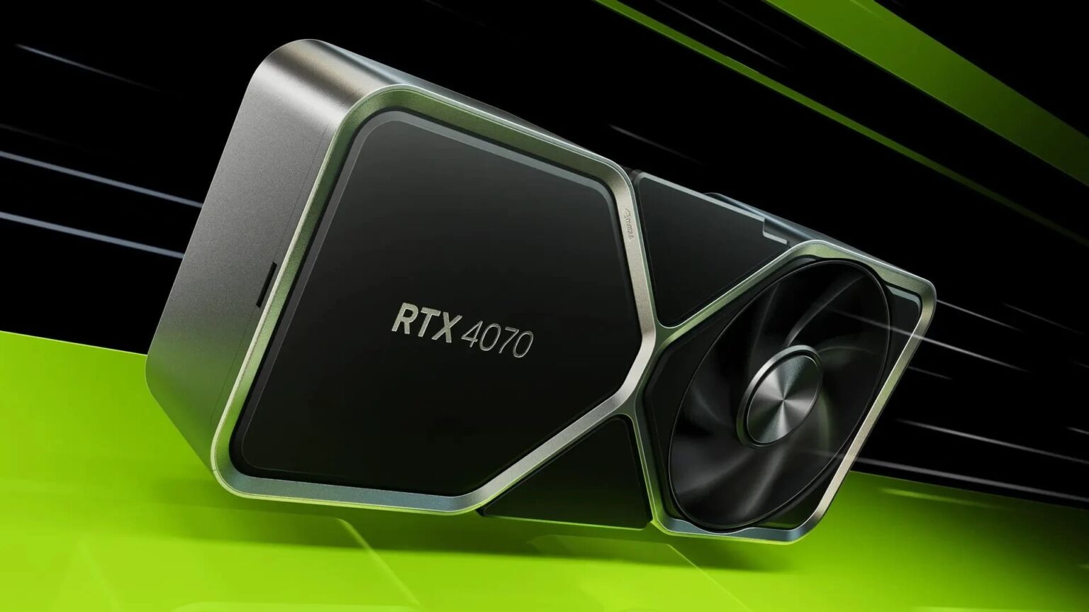 Placa de vídeo NVIDIA GeForce RTX 4070 em destaque, com cooler de ventoinha e a inscrição "RTX 4070" sobre fundo preto e verde