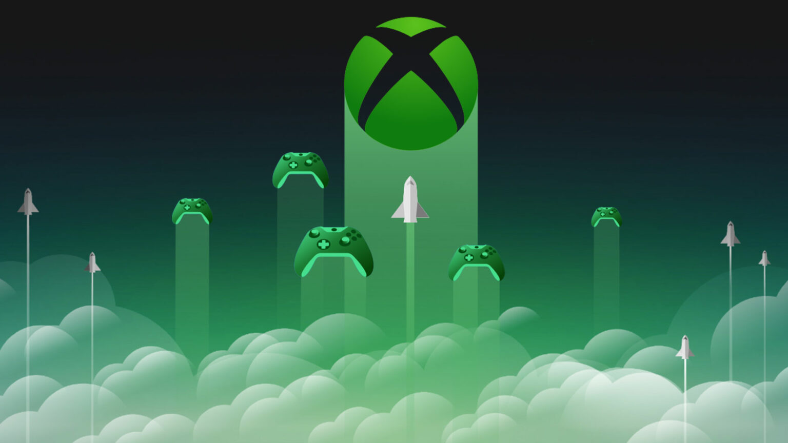 Ilustração em verde com o logo do Xbox no alto, controles do Xbox flutuando e foguetes subindo entre nuvens, representando o serviço de jogos em nuvem