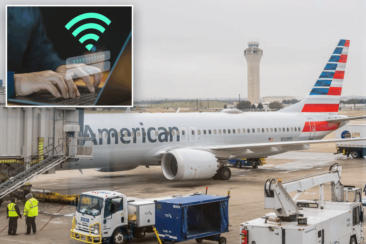 Avião da American Airlines em pátio de aeroporto, com equipes de solo e veículos de apoio, e inserção com ícone de Wi-Fi sobre mãos digitando em notebook