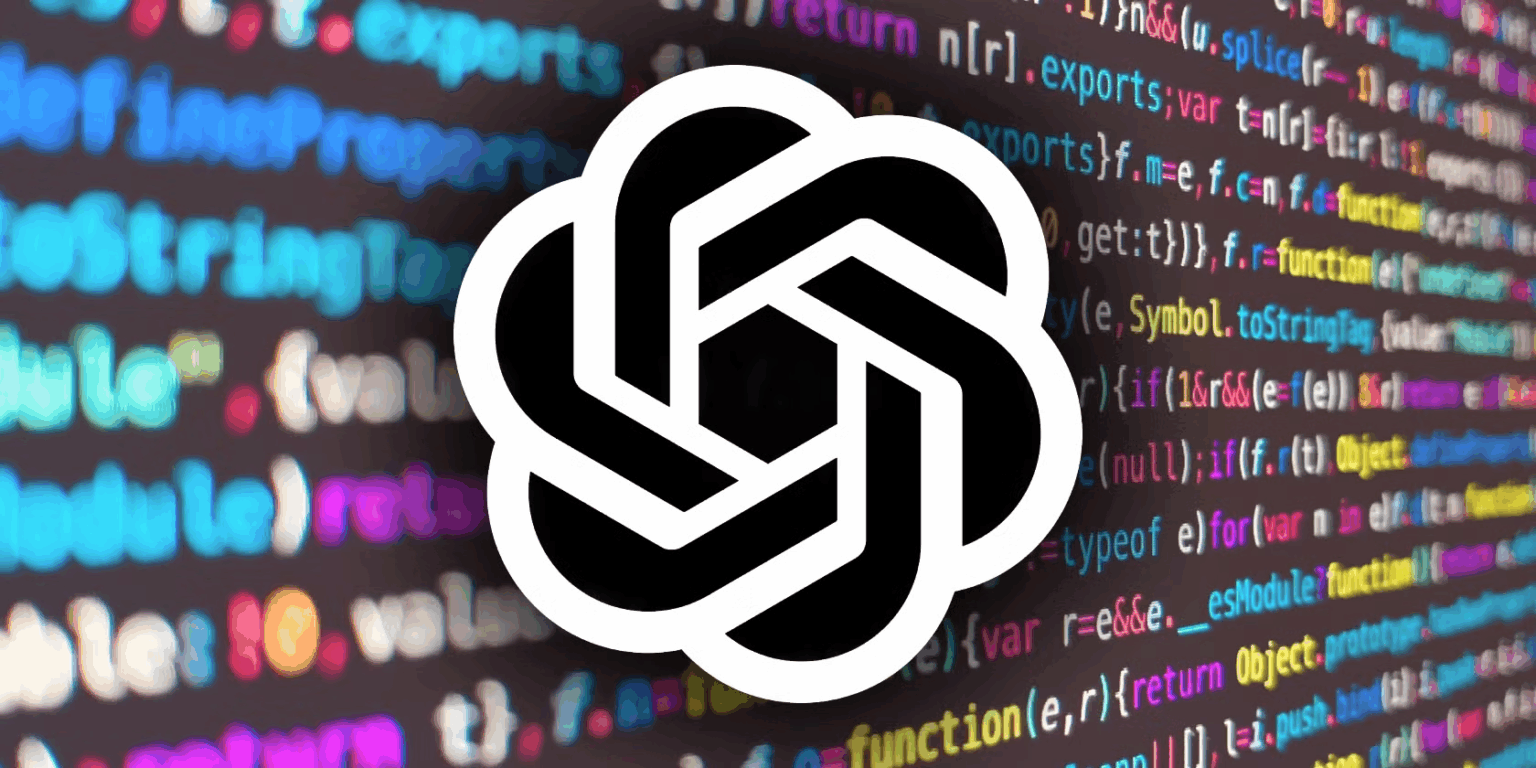 Logotipo branco da OpenAI sobre fundo com trechos de código-fonte coloridos e desfocados