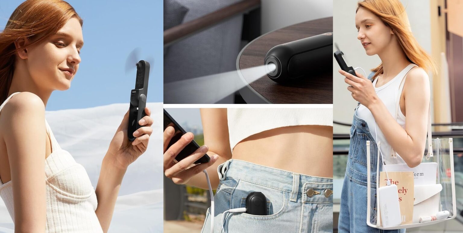 Colagem de quatro fotos mostrando um ventilador portátil de mão preto em uso, soprando ar no rosto, sobre uma mesa e preso na cintura da calça jeans