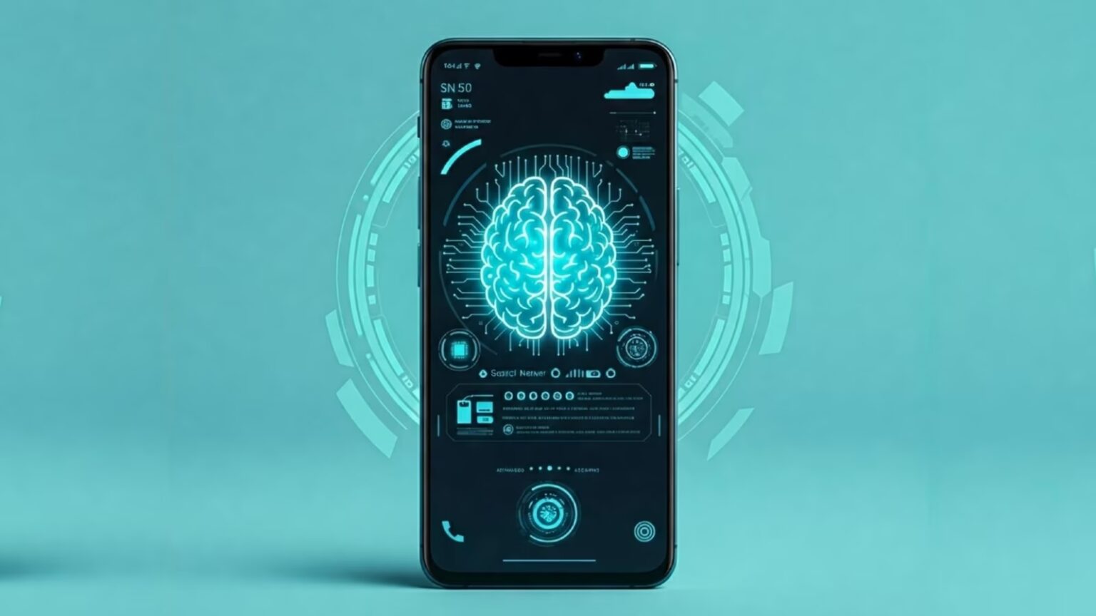 Smartphone com tela exibindo um cérebro iluminado em azul e interface futurista de inteligência artificial sobre fundo turquesa