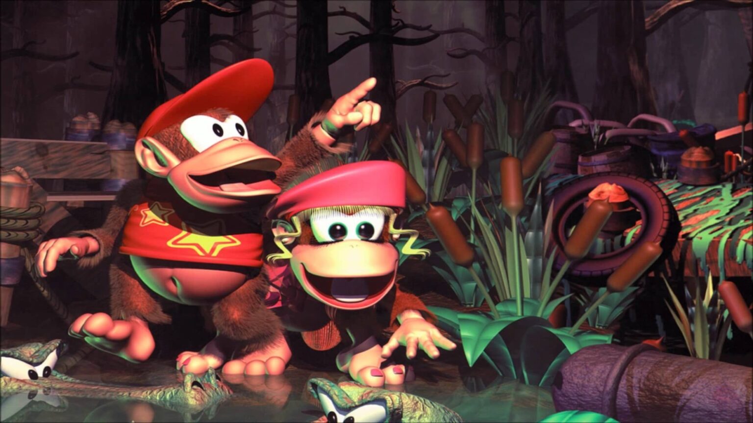 Diddy Kong e Dixie Kong, personagens de Donkey Kong Country, em cenário de pântano 3D com vegetação e pneus, cena de jogo