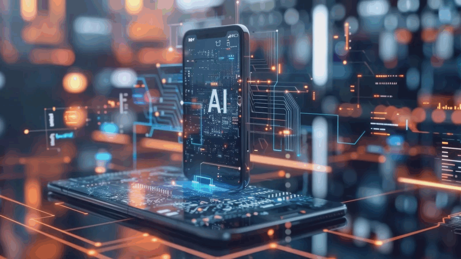Smartphone com a palavra "AI" na tela sobre uma placa de circuito, com linhas de dados luminosas e fundo desfocado em tons azuis e laranjas