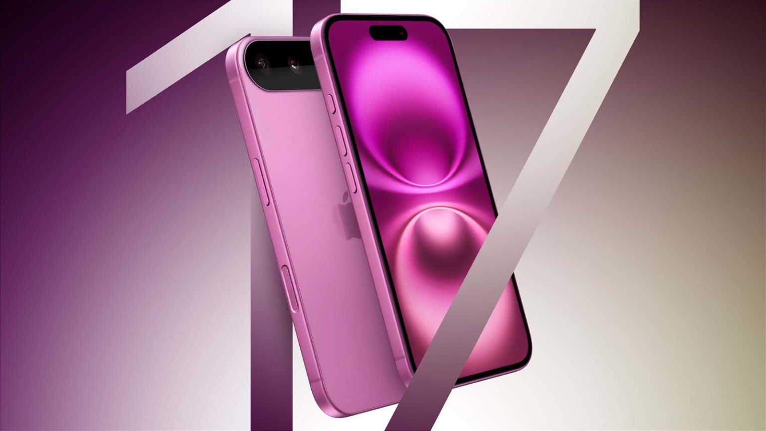 Dois iPhones na cor rosa em destaque, um de frente e outro de costas, sobre o número 17 em grande escala ao fundo