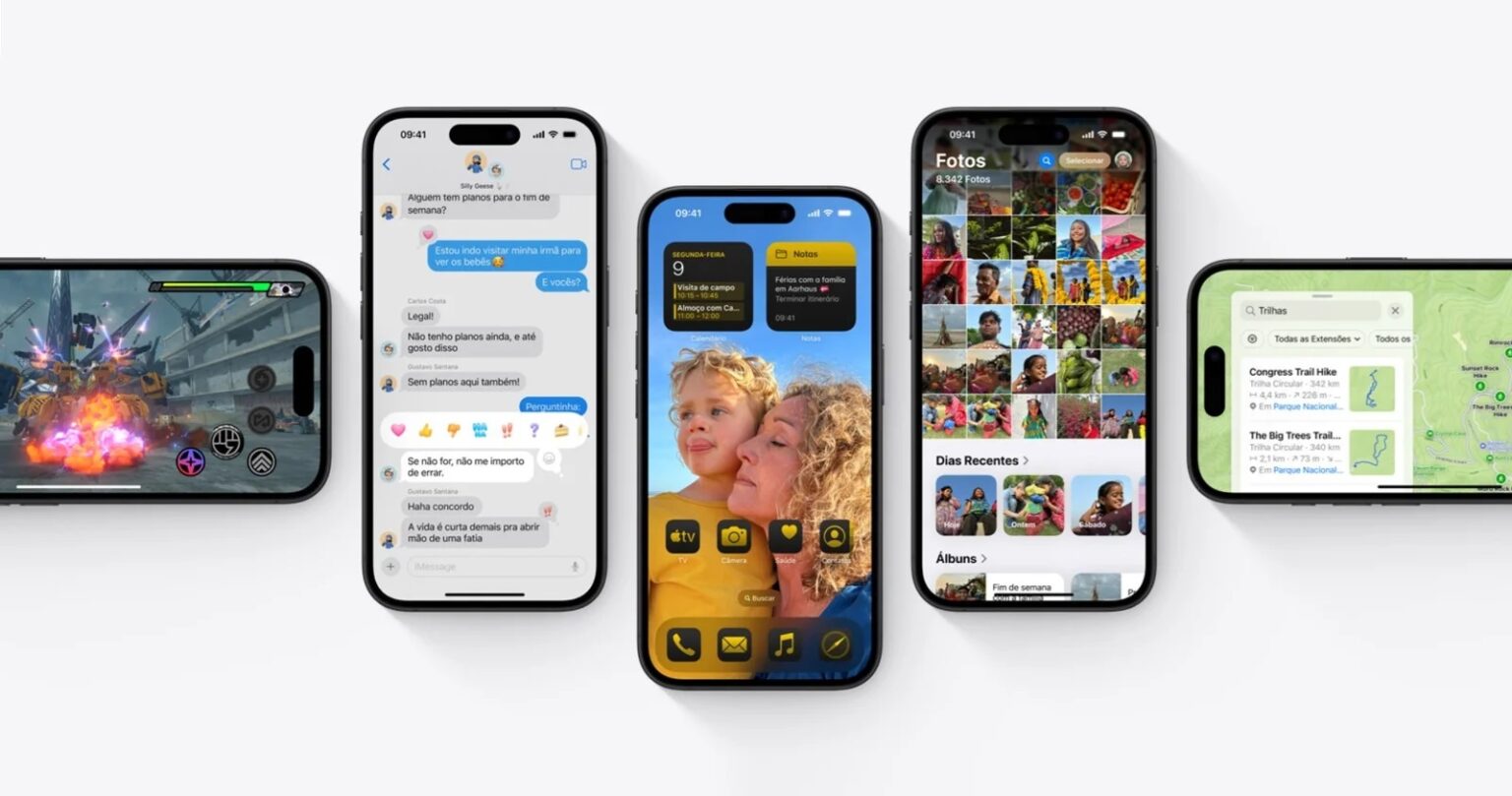 Cinco iPhones lado a lado exibindo jogo, mensagens, tela inicial com widgets, galeria de fotos e mapas com trilhas, em tela de iOS