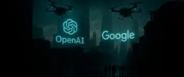 Representação distópica dos gigantes da IA dominando o mundo, inspirada no estilo de 1984.