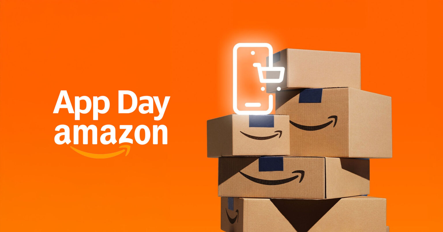 Caixas de papelão da Amazon empilhadas com a logo "App Day amazon" e ícone de celular com carrinho, em fundo laranja