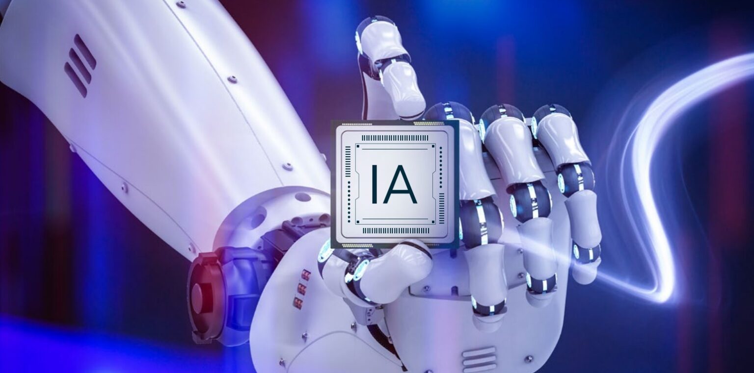 Mão de robô branca e futurista segurando um chip de processador com o texto "IA" em luz azul ao fundo