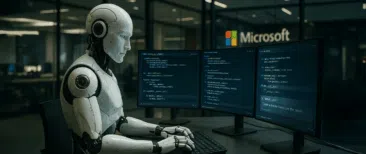 Robô programando código em um escritório da Microsoft, representando o avanço da inteligência artificial no desenvolvimento de software
