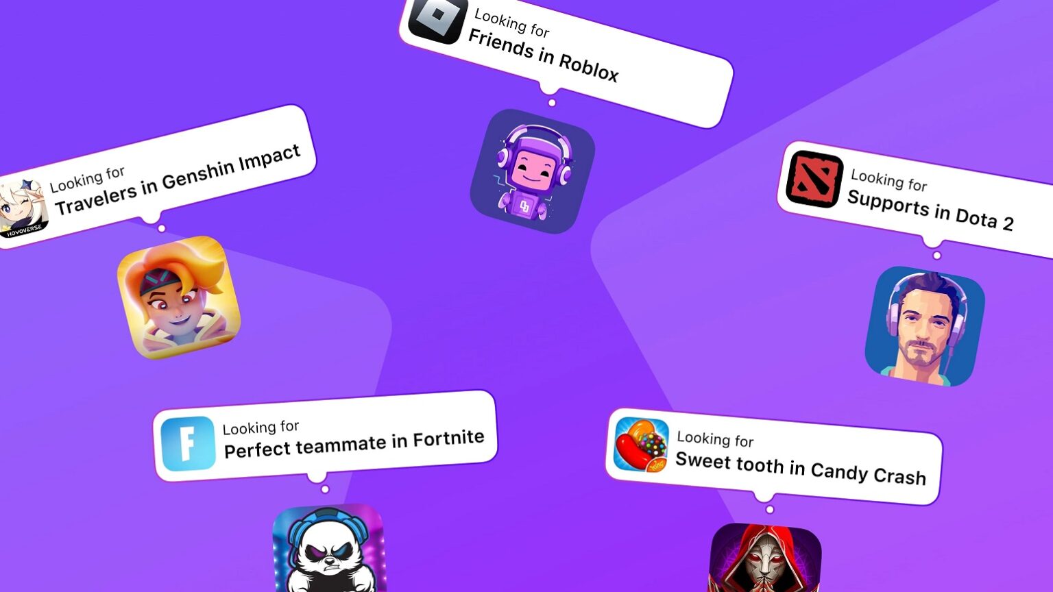 Ilustração com balões de busca de jogadores para Genshin Impact, Roblox, Dota 2, Fortnite e Candy Crash sobre fundo roxo