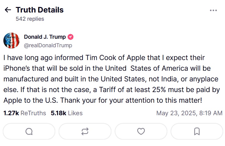 Trump ameaça Apple: ou os iPhones são fabricados nos EUA ou pagam tarifa de 25% 5 A exigência de Trump
