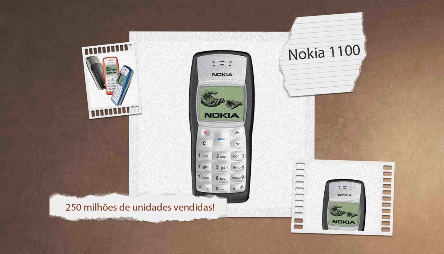 Celular Nokia 1100 em destaque sobre fundo marrom, com fotos menores nas laterais e o texto "250 milhões de unidades vendidas!