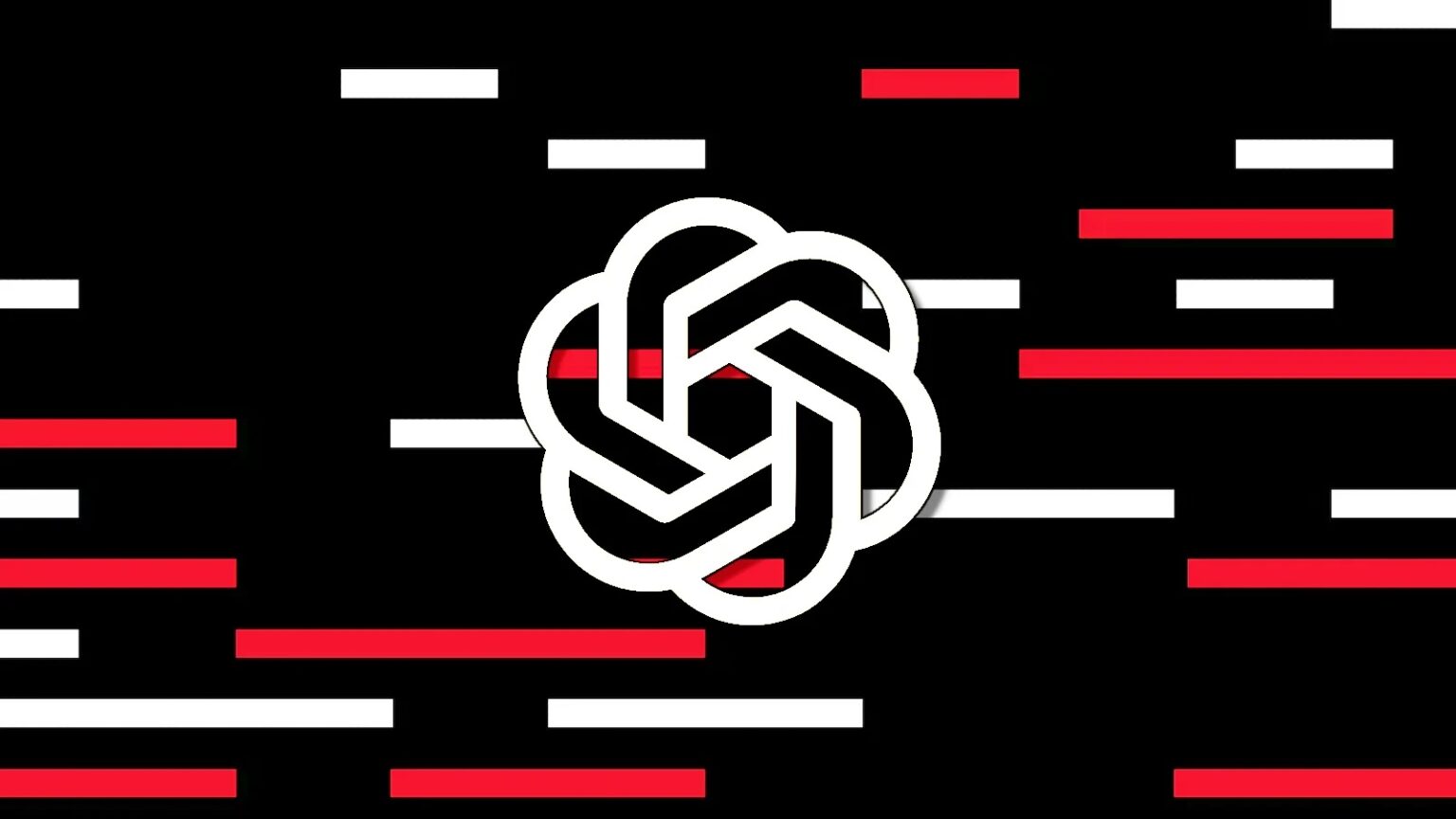 Logotipo branco da OpenAI em forma de espiral sobre fundo preto com listras horizontais brancas e vermelhas, sugerindo código ou dados