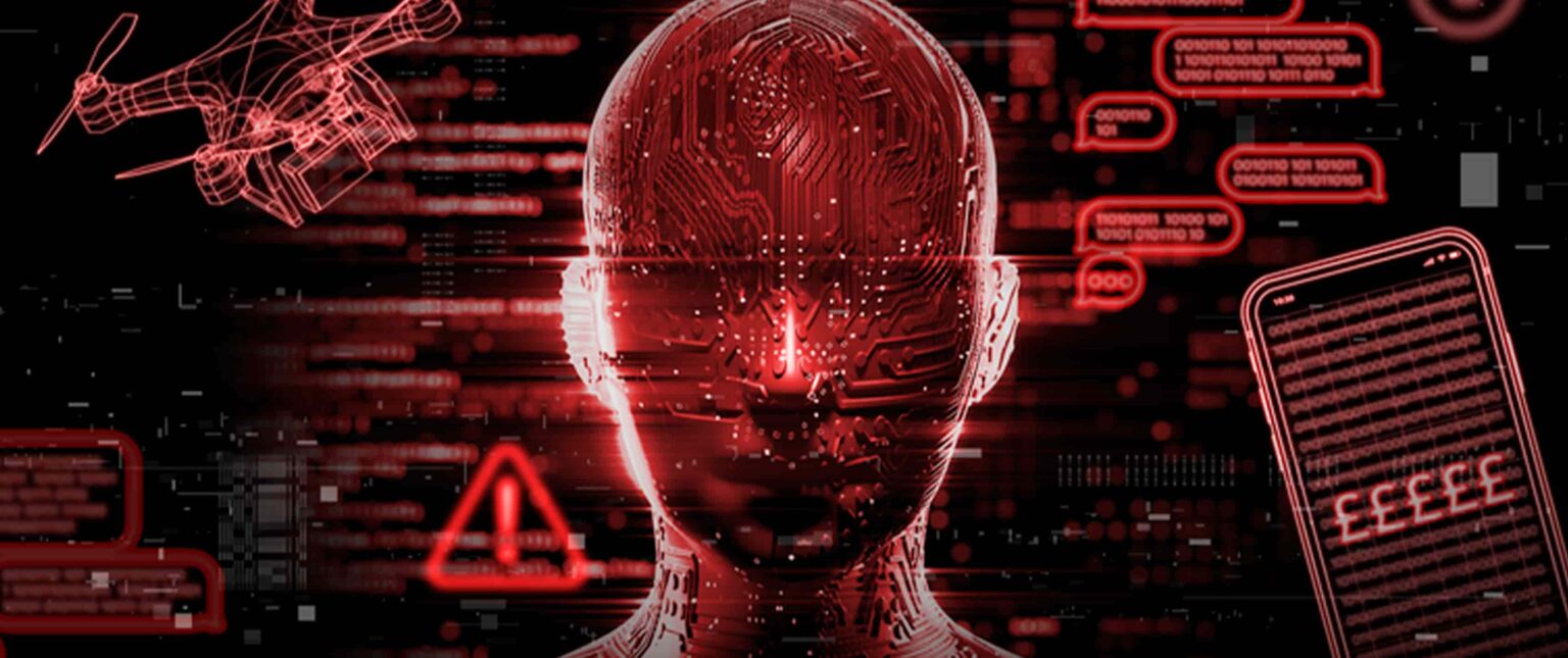 Ilustração digital em vermelho e preto de uma cabeça humanoide com circuitos, drone wireframe, alerta triangular e celular com mensagens de erro, representando…