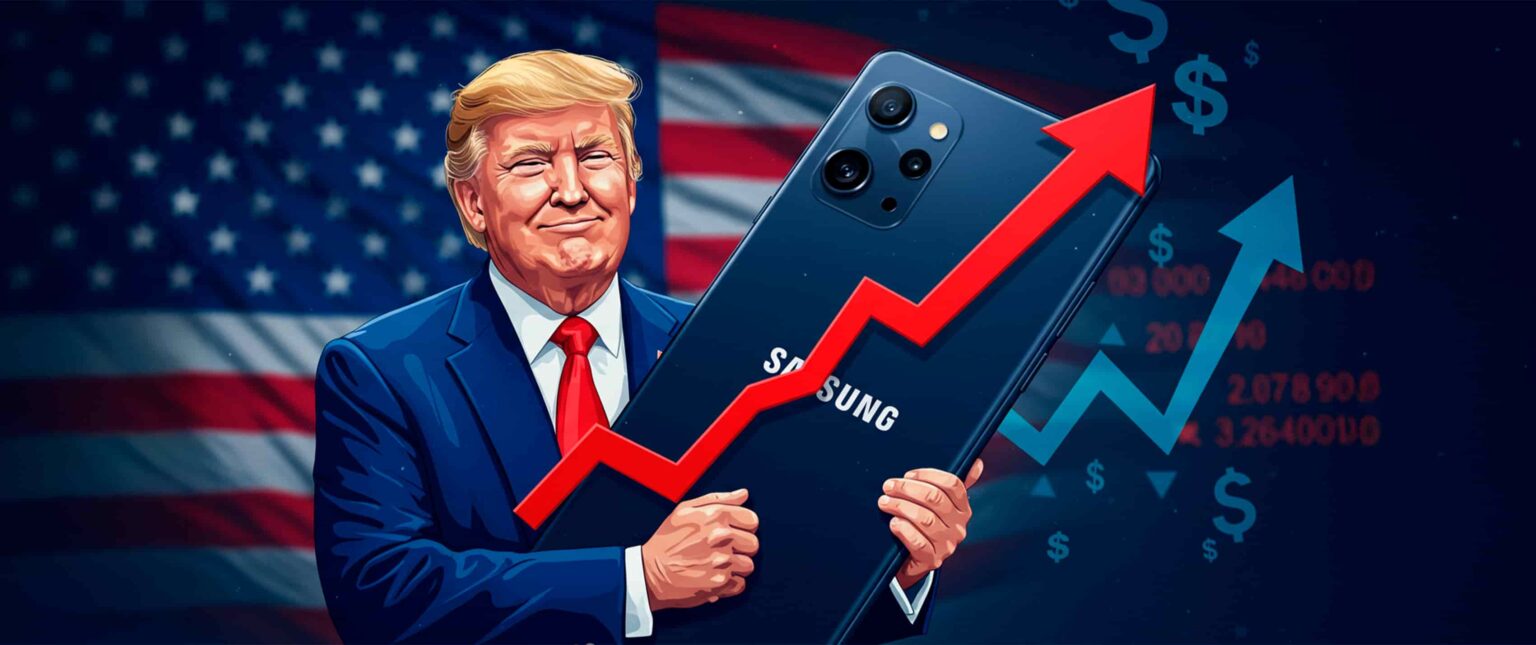 Ilustração de um homem de terno azul e gravata vermelha segurando um smartphone Samsung com seta vermelha de alta, diante da bandeira dos EUA e símbolos de dól…