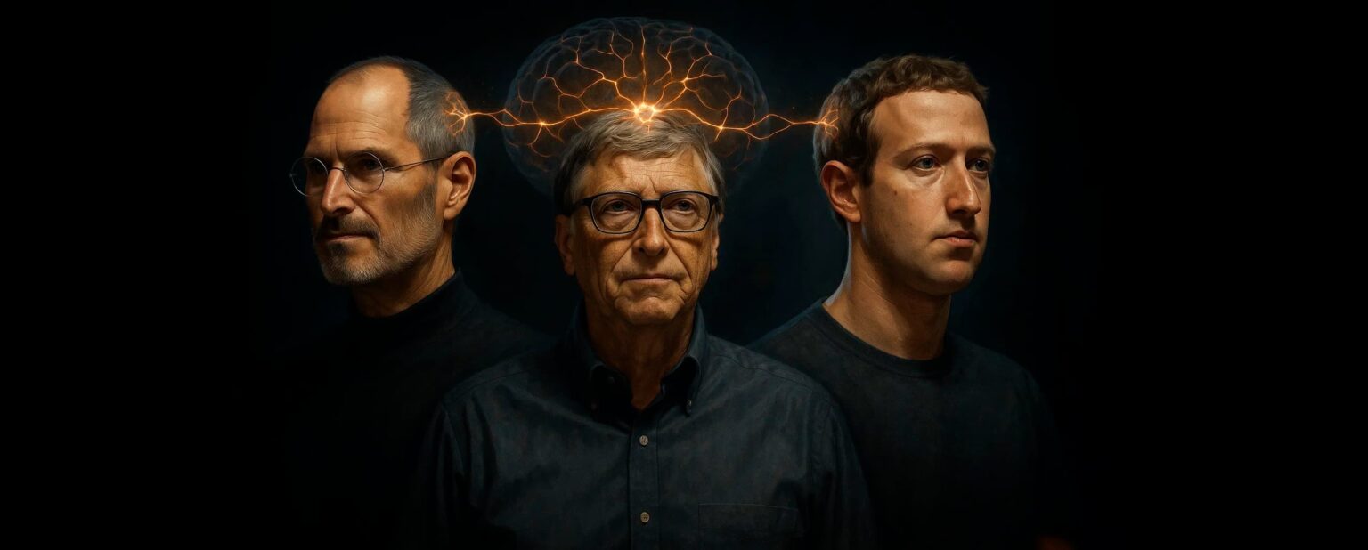Três homens de camisa escura posam lado a lado sobre fundo preto, com um cérebro luminoso e conexões elétricas acima deles, ilustrando a matéria sobre CEOs de…