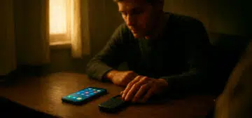 Homem sentado à mesa escolhe um celular básico em vez de um smartphone moderno, simbolizando uma decisão consciente por uma vida mais simples