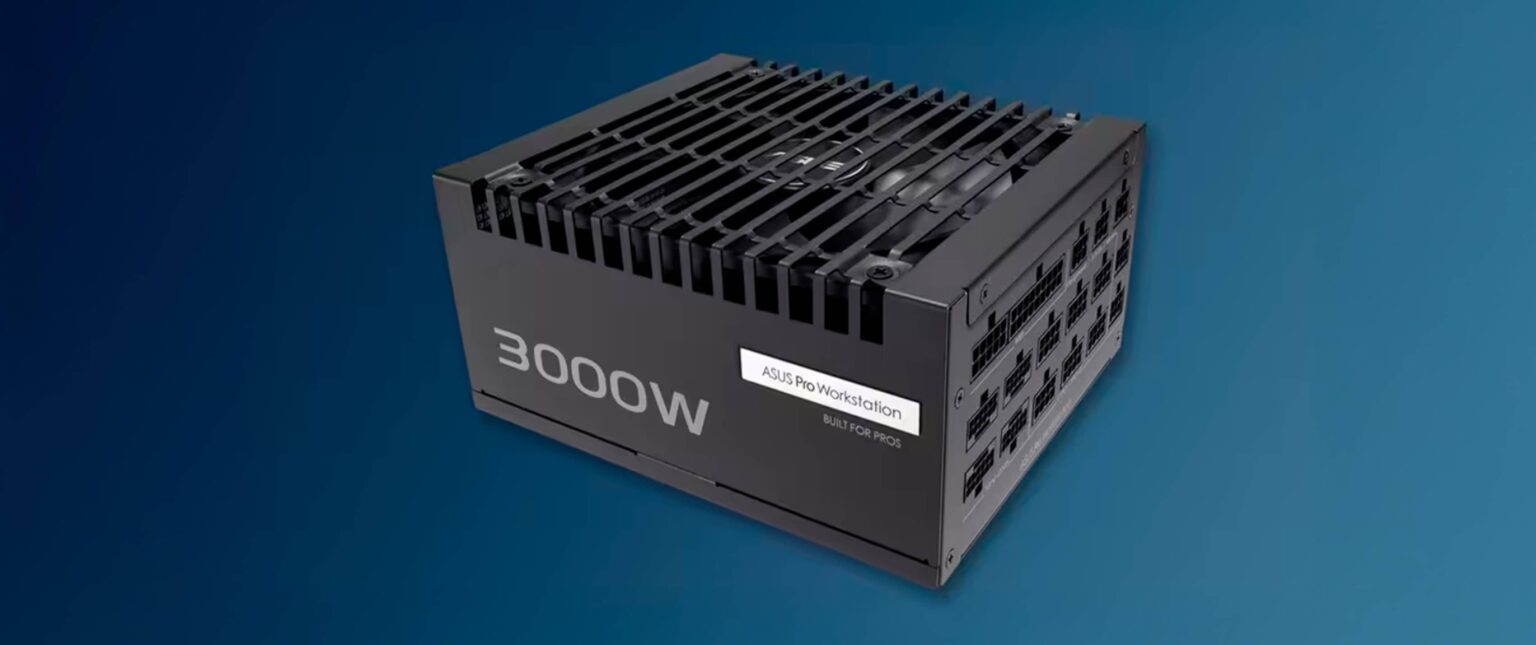 Fonte de energia ASUS Pro Workstation de 3000W, preta, com gabinete metálico e aletas de ventilação, sobre fundo azul