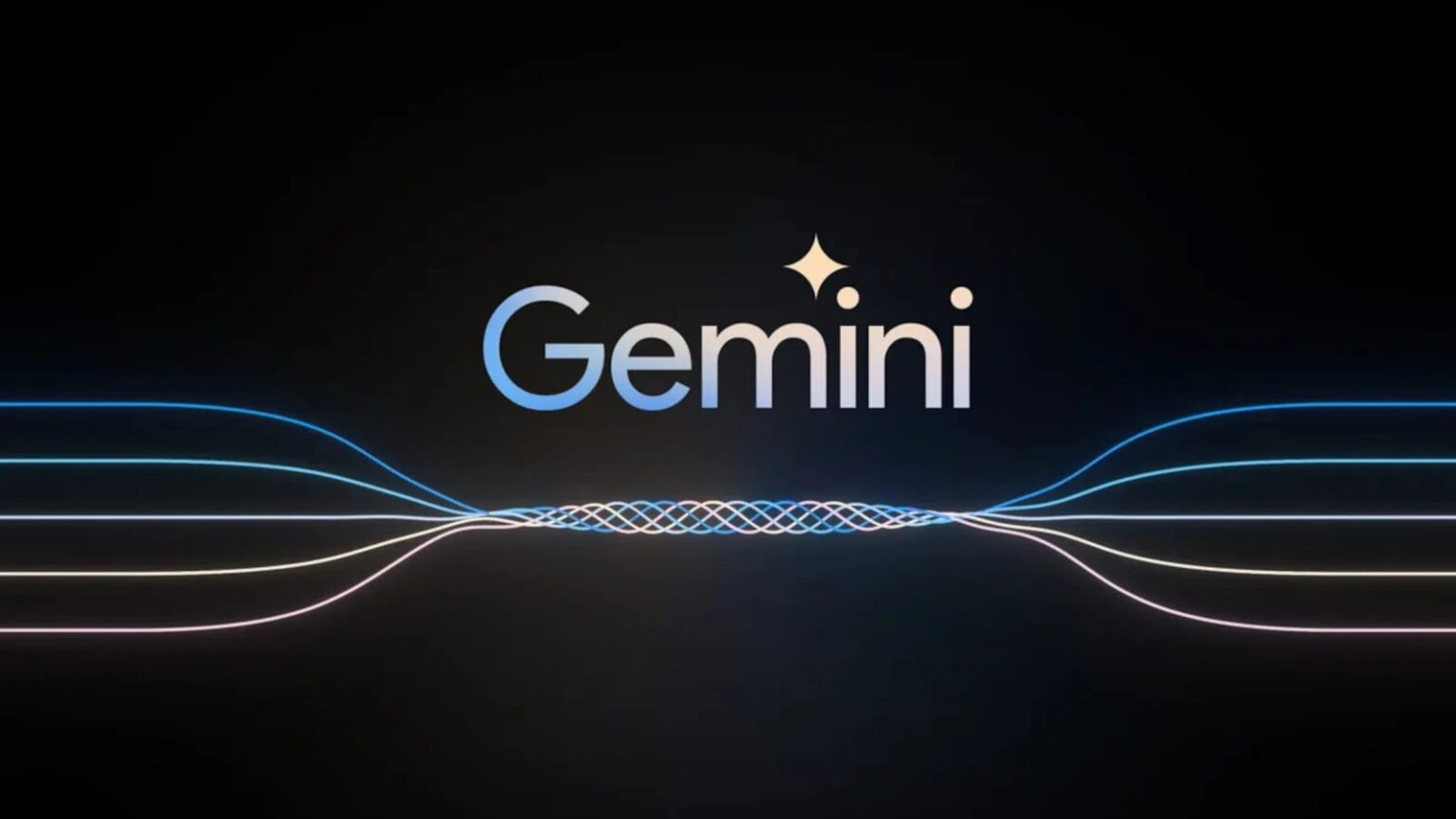 Logotipo do Google Gemini em fundo escuro, com linhas luminosas azuis, amarelas e rosas que convergem para o centro da imagem