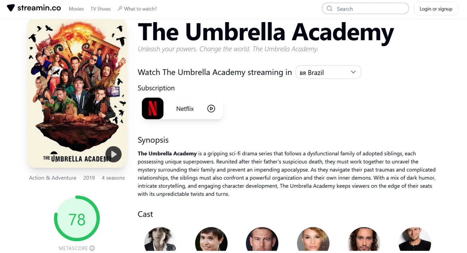 Captura de tela do site Streamin.co mostrando a página de The Umbrella Academy, com pôster, nota Metascore 78, disponibilidade na Netflix no Brasil e sinopse