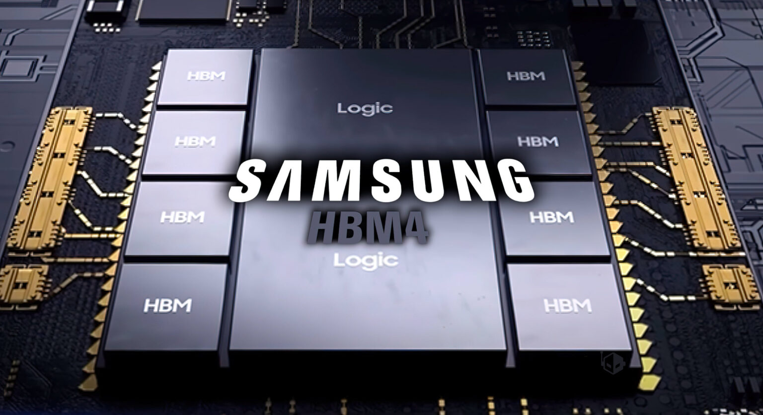 Diagrama de chip Samsung com lógica central cercada por módulos de memória HBM4 sobre placa de circuito