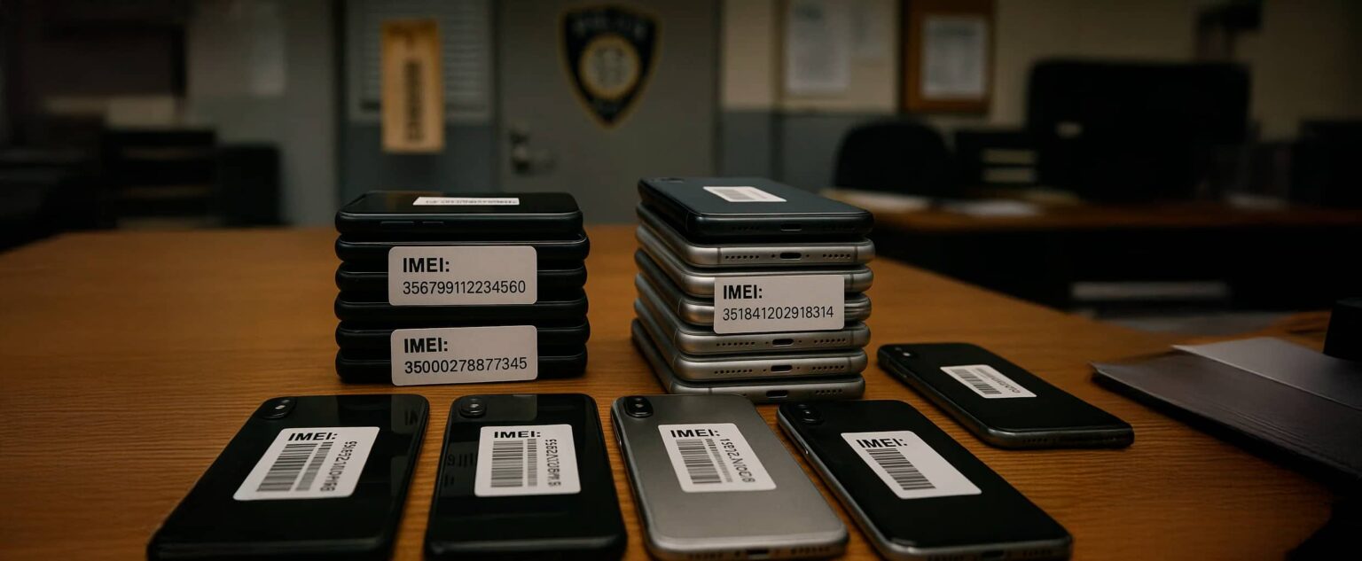 Pilhas de smartphones com etiquetas de número IMEI sobre a mesa de uma sala com brasão policial ao fundo, indicando apreensão de aparelhos roubados