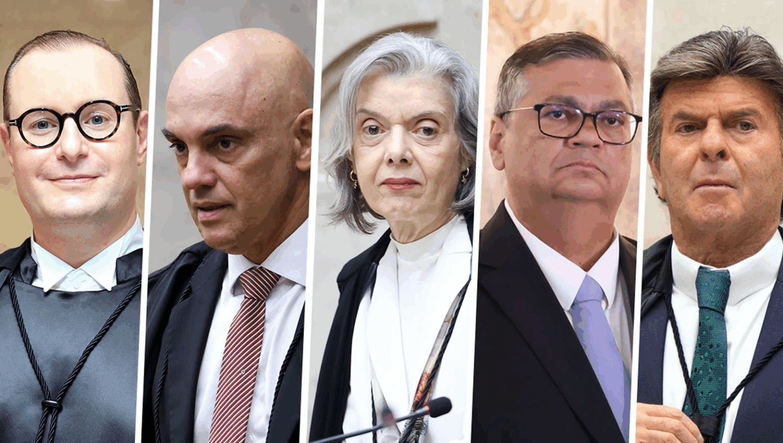 Cinco homens e mulheres de beca preta em painéis lado a lado, em sessão de tribunal, com microfone em destaque na imagem