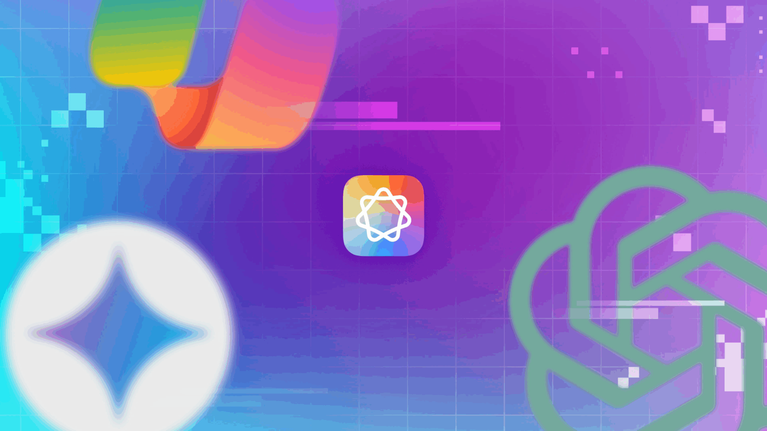 Ilustração com logos de IA: estrela azul do Gemini, espiral verde da OpenAI e ícone colorido em roxo, sobre fundo degradê azul e roxo