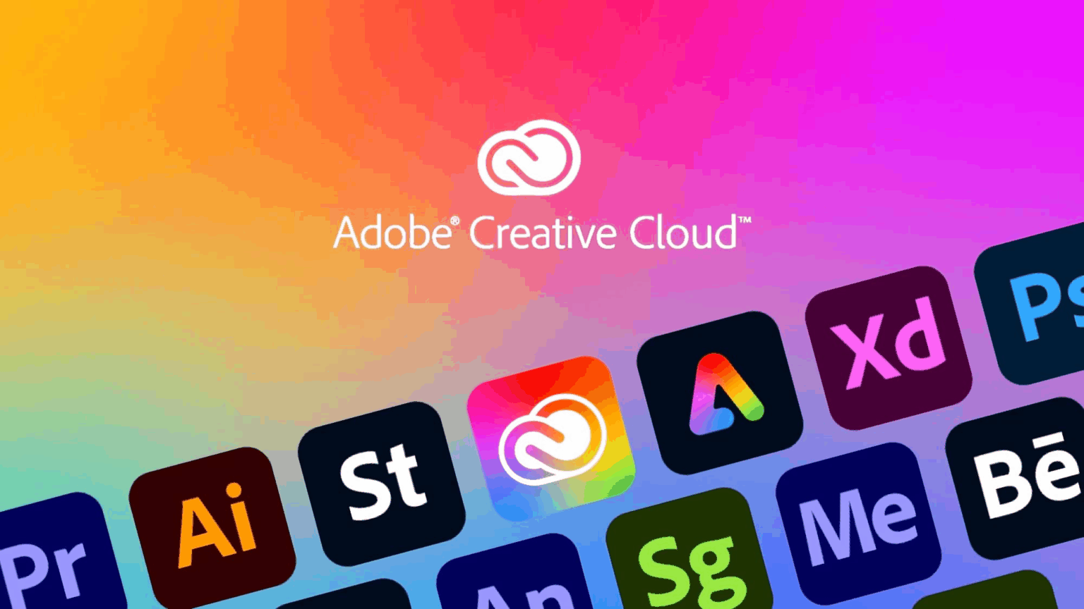 Logo do Adobe Creative Cloud em destaque sobre fundo degradê, com ícones de apps como Photoshop, Illustrator, Premiere Pro, XD e Behance