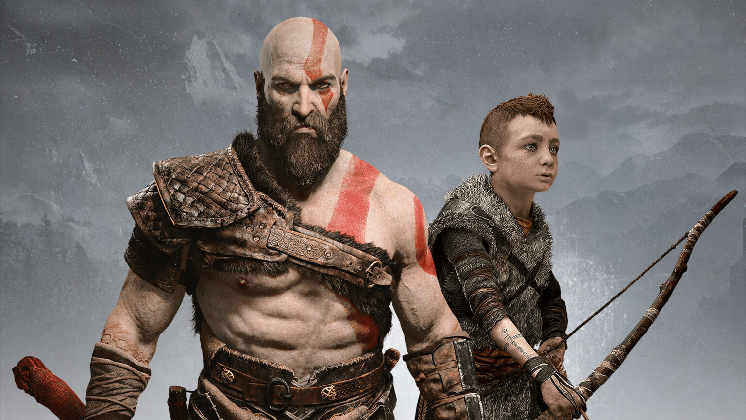 Dois personagens de God of War lado a lado: um guerreiro barbudo com pinturas vermelhas e armadura de couro, e um menino com arco e flecha, em cenário nevado