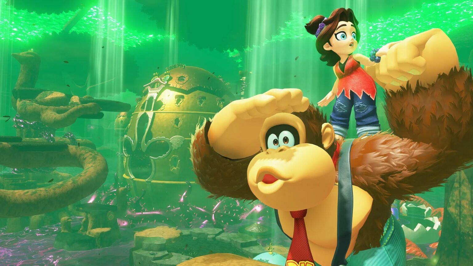 Donkey Kong e Pauline em cenário verde e subaquático de Donkey Kong Bananza, com ruínas e raios de luz ao fundo