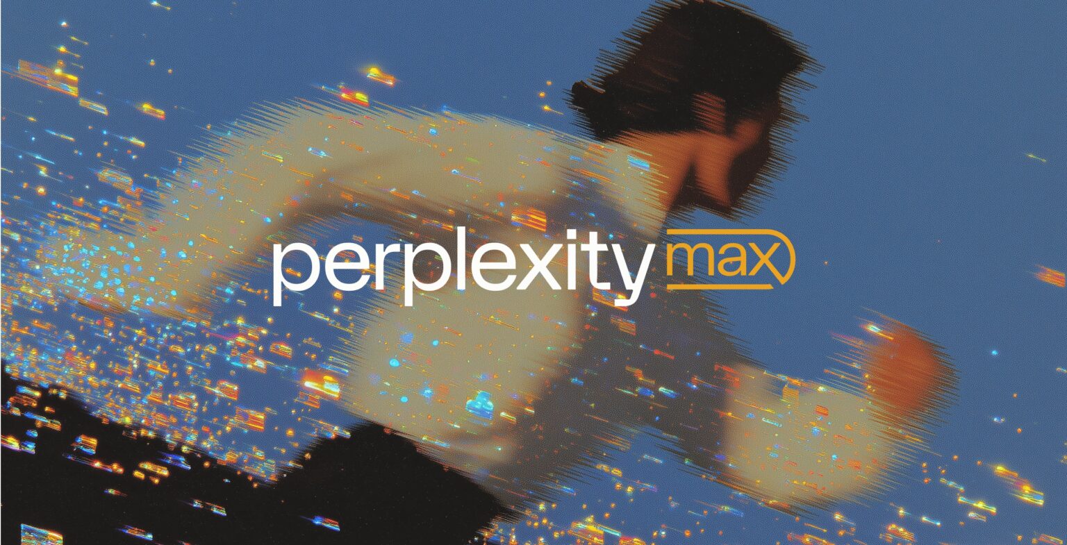 Logotipo da Perplexity Max em branco e dourado sobre imagem desfocada de uma pessoa com efeito de movimento e luzes coloridas