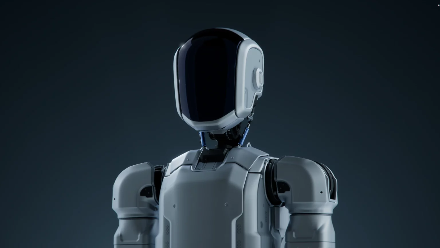 Robô humanoide branco e cinza com cabeça em formato de capacete escuro, em fundo azul-escuro, representando a robótica do futuro