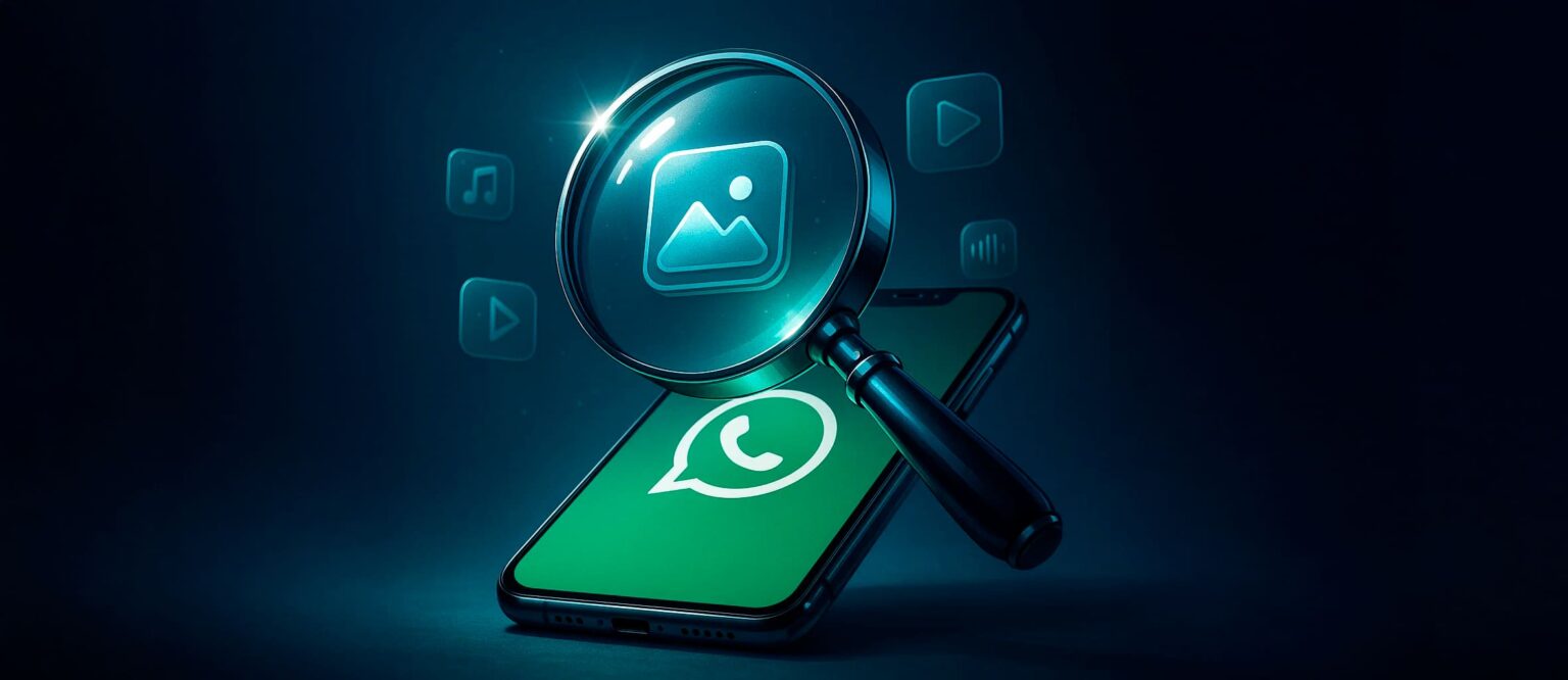 Ilustração de smartphone com logo do WhatsApp na tela verde, sob uma lupa que destaca ícones de imagem, vídeo e áudio