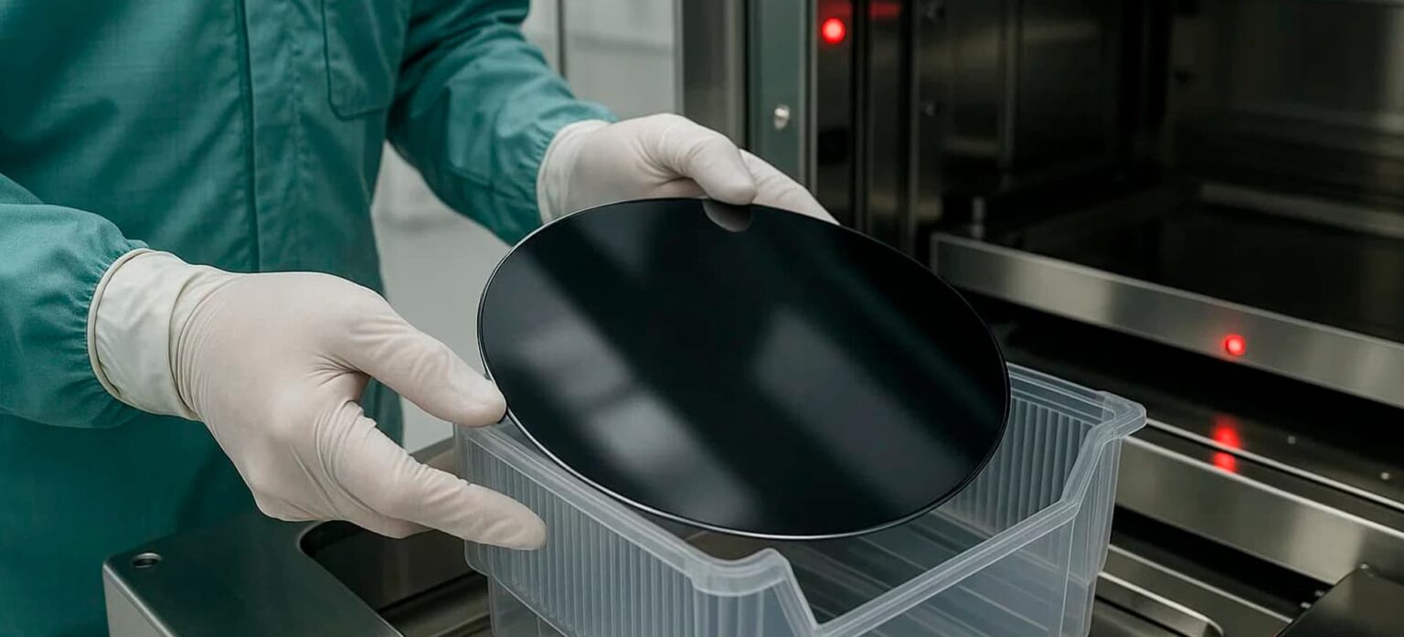 Técnico de jaleco e luvas brancas segura um wafer circular escuro sobre uma caixa plástica transparente em ambiente de fabricação de semicondutores