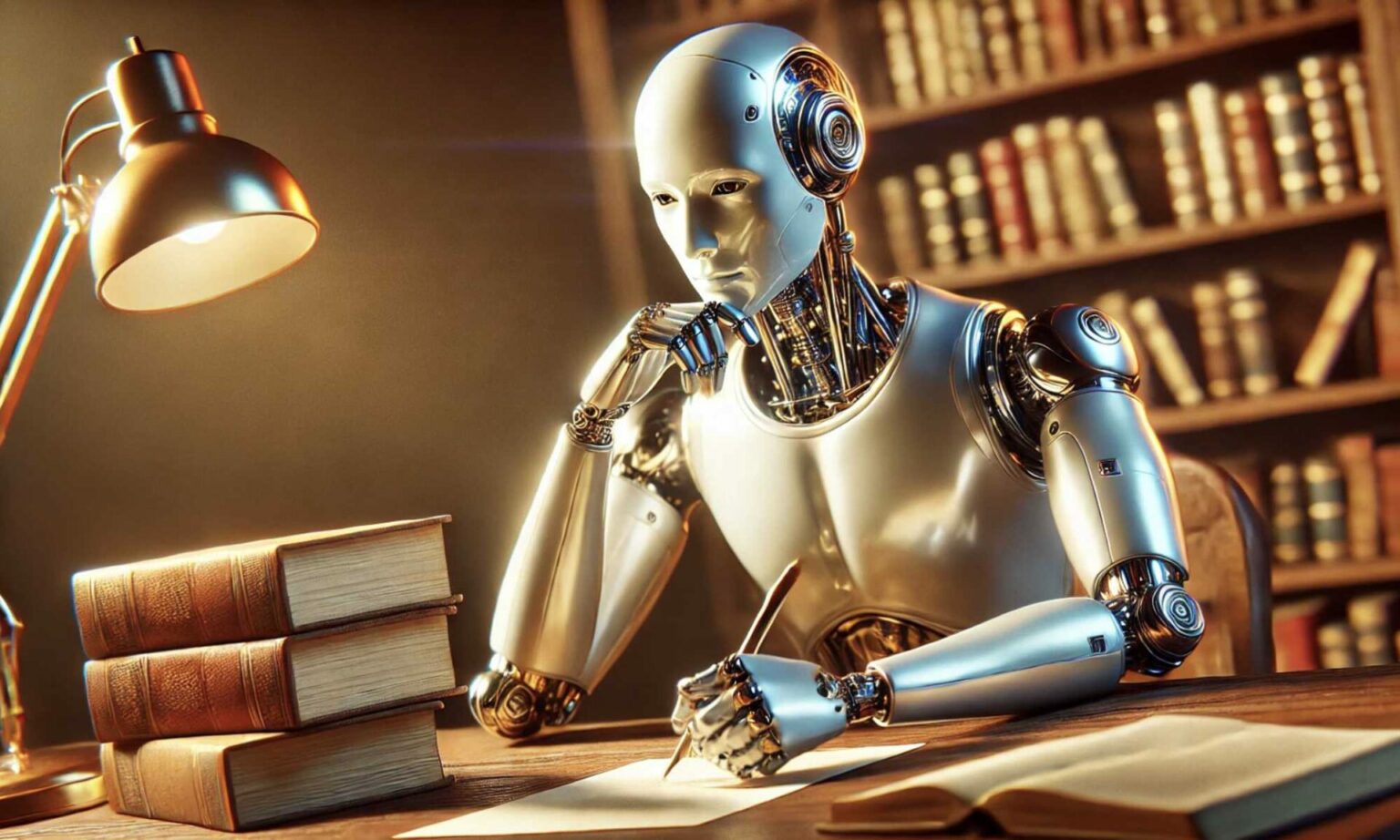 Robô com aparência humanoide prateada, sentado à mesa de um escritório com livros empilhados, lâmpada acesa e estantes ao fundo, escrevendo com uma caneta
