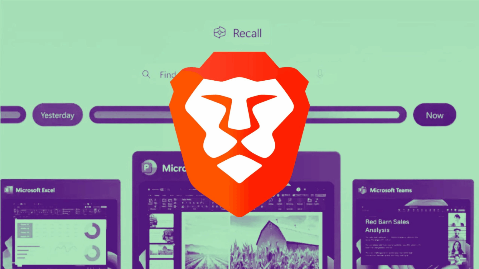 Logo do navegador Brave sobre interface do Microsoft Recall, com janelas de Excel, PowerPoint e Teams em tons de roxo e verde