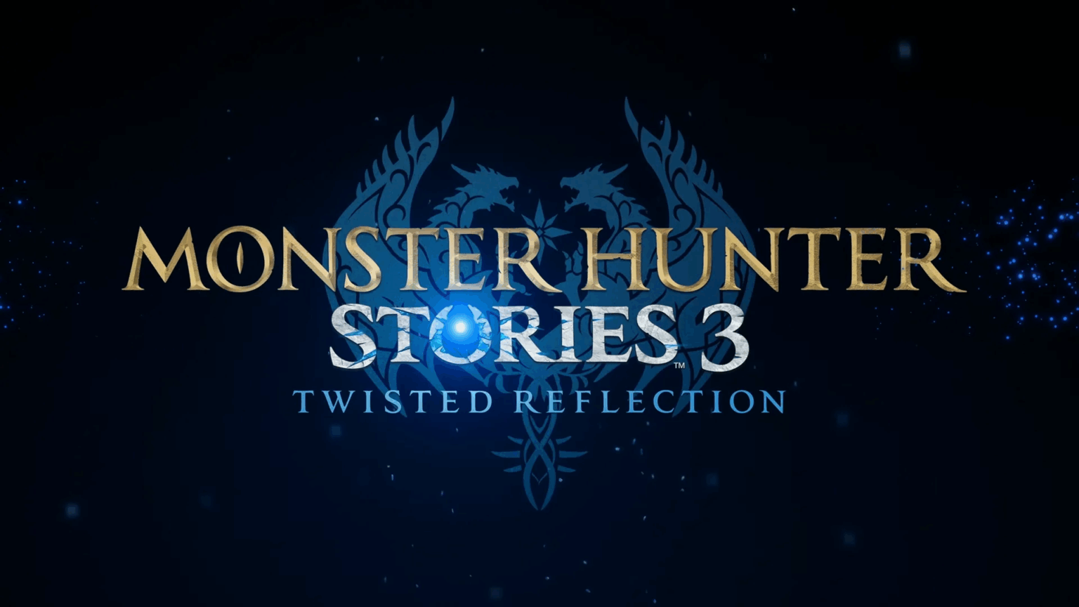 Logo do jogo Monster Hunter Stories 3: Twisted Reflection, com letras douradas e prateadas sobre fundo azul escuro com dragões estilizados