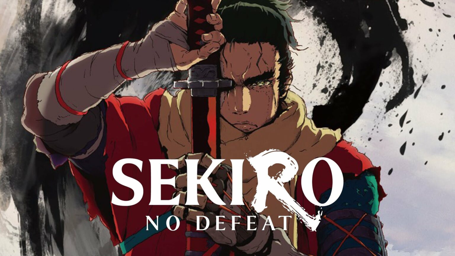 Arte do anime de Sekiro: No Defeat com um samurai de katana erguida diante do rosto, sobre fundo de tinta preta, e o logotipo do título em branco