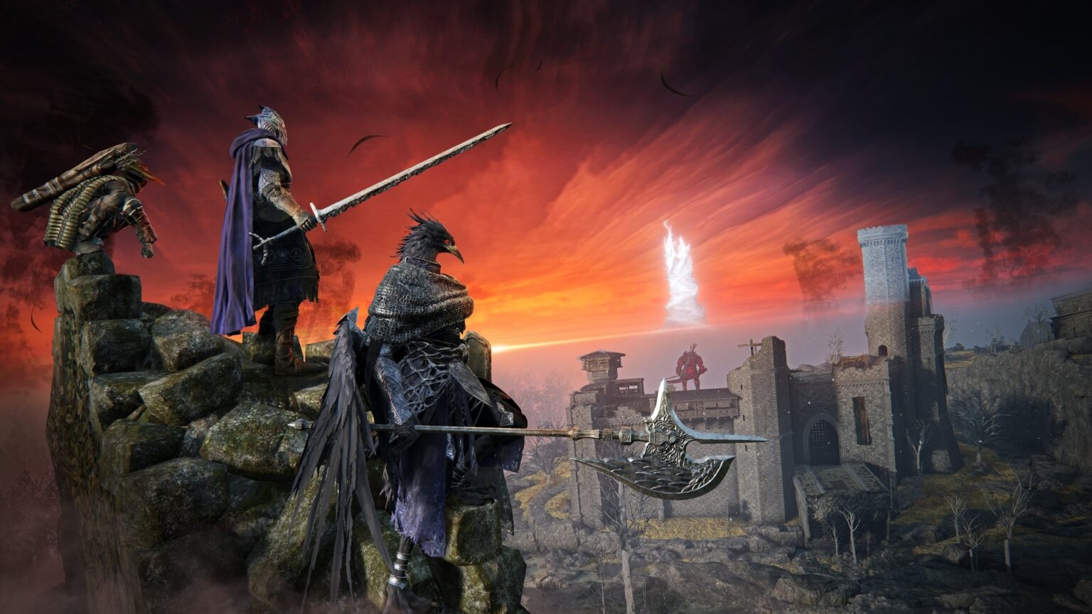 Dois guerreiros armados observam de um penhasco um castelo em ruínas sob um céu avermelhado, com um cavaleiro distante e uma luz branca no alto