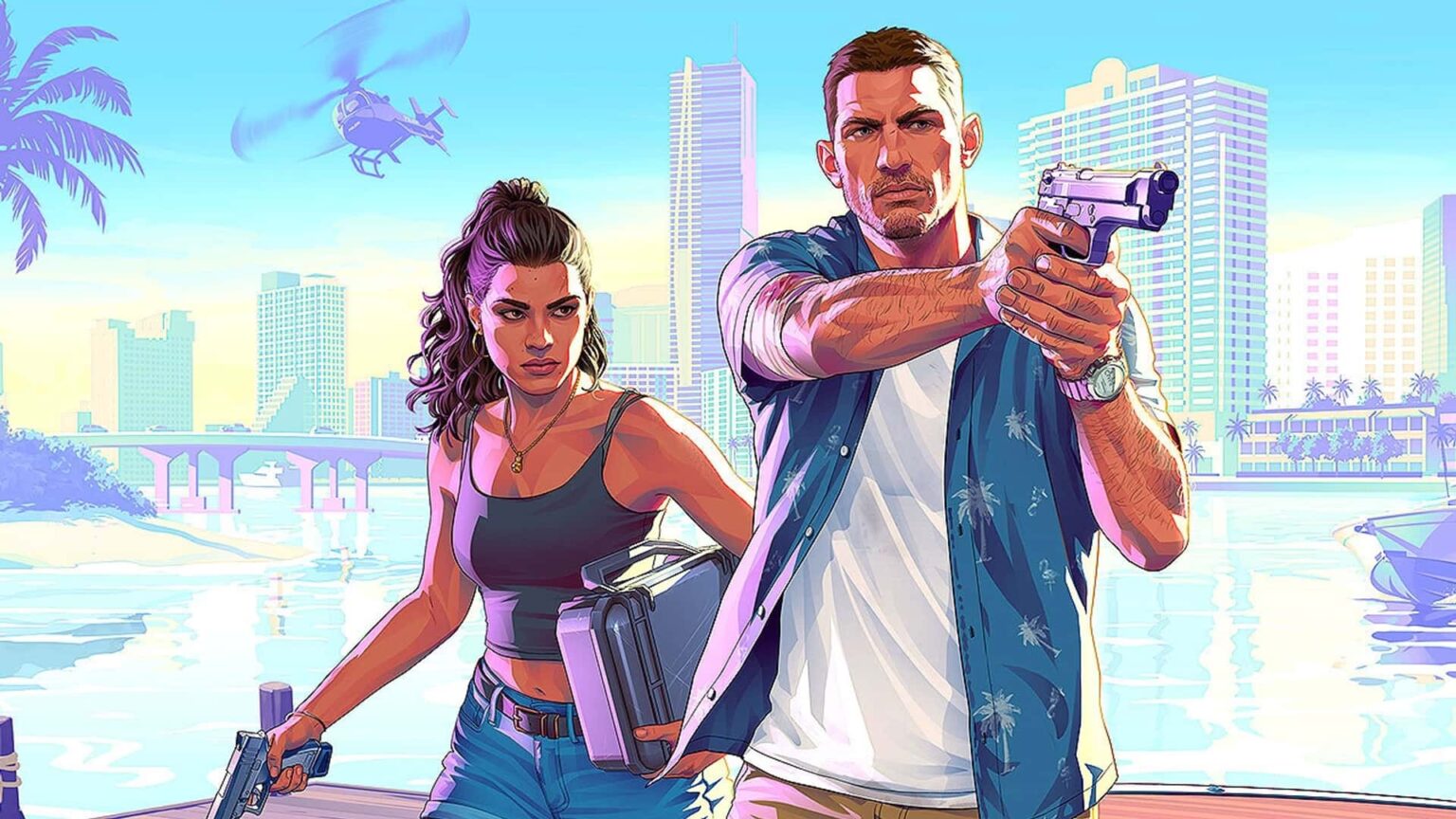 Arte promocional de GTA VI com dois personagens em primeiro plano, um homem apontando uma pistola e uma mulher segurando outra arma e uma maleta, com cidade li…