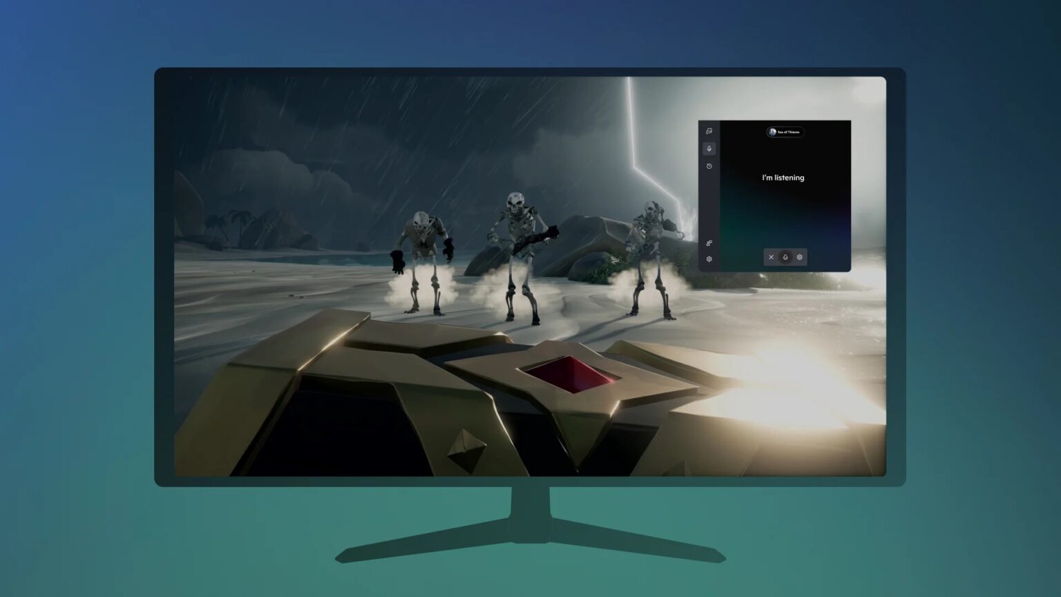 Monitor exibindo jogo com robôs brancos armados em cenário nevoento, com painel do Gaming Copilot à direita dizendo "I'm listening